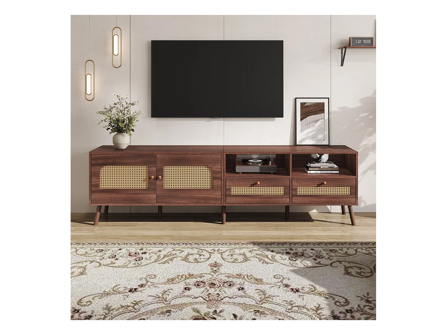 Meuble TV en bois naturel avec 2 portes en rotin, 2 tiroirs et 8 pieds, pour TV jusqu'à 80 pouces, (200x37x49.5cm)