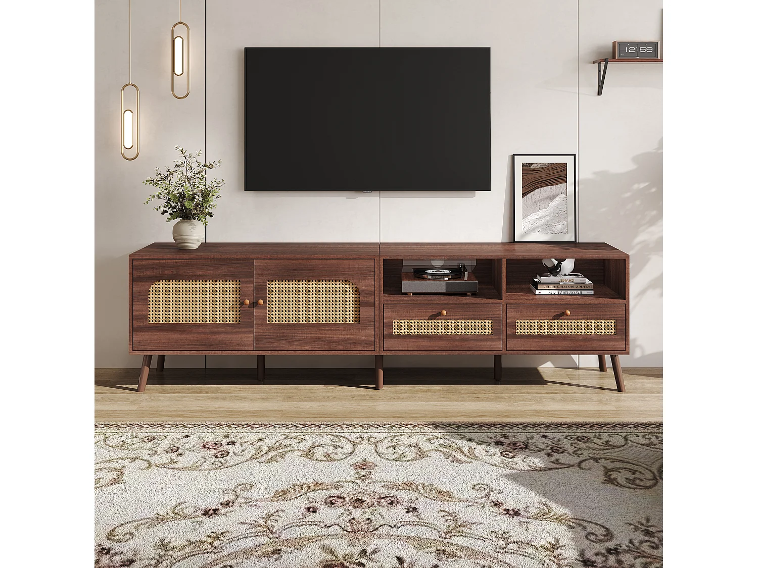 Meuble TV en bois naturel avec 2 portes en rotin, 2 tiroirs et 8 pieds, pour TV jusqu'à 80 pouces, (200x37x49.5cm)