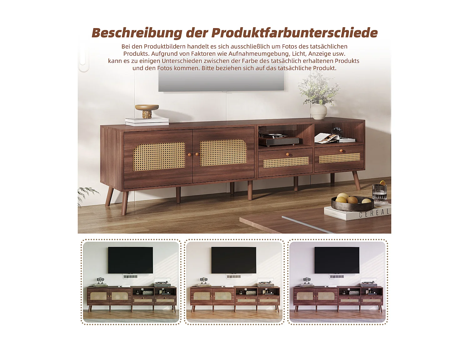 Meuble TV en bois naturel avec 2 portes en rotin, 2 tiroirs et 8 pieds, pour TV jusqu'à 80 pouces, (200x37x49.5cm)