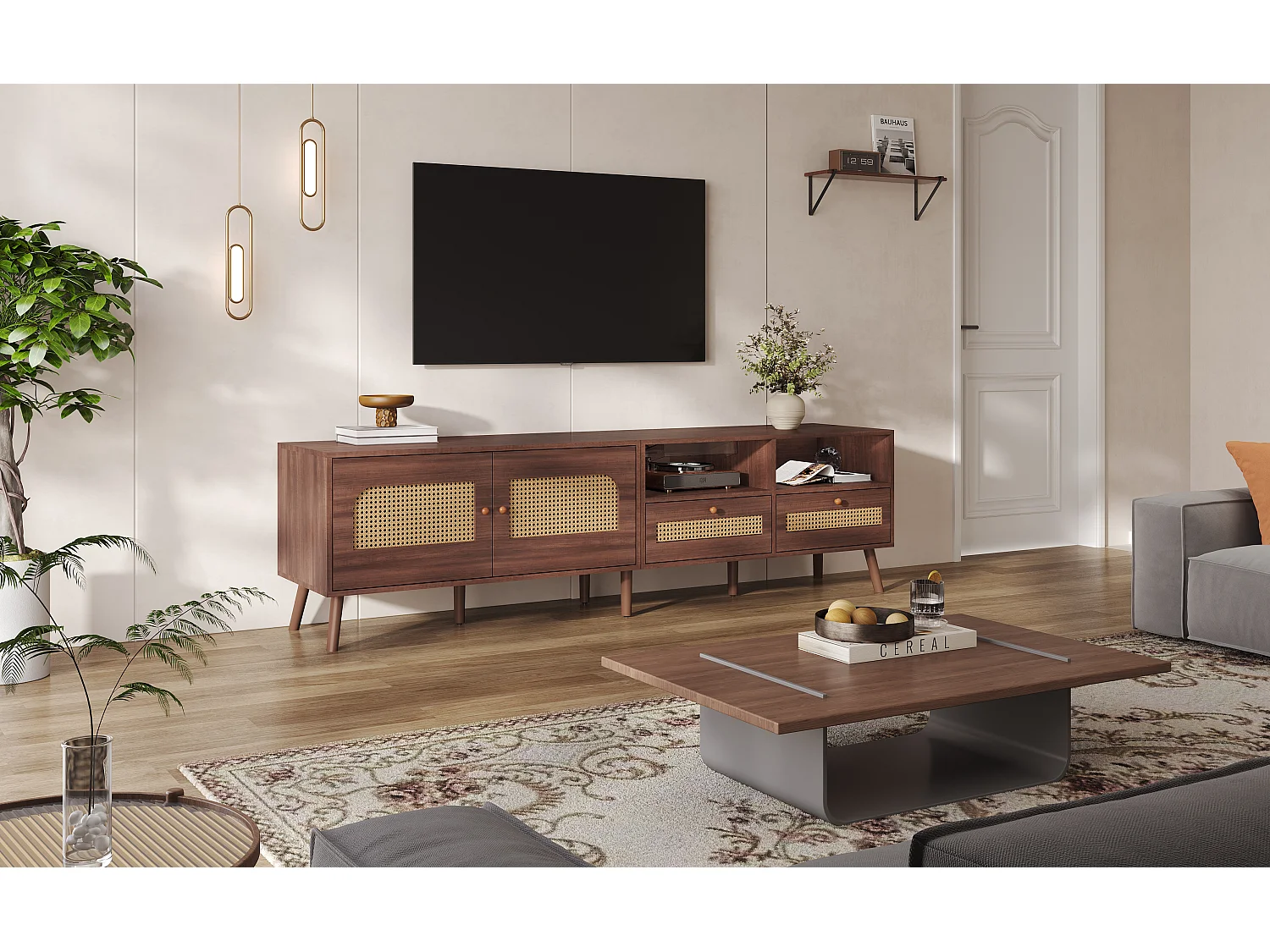 Meuble TV en bois naturel avec 2 portes en rotin, 2 tiroirs et 8 pieds, pour TV jusqu'à 80 pouces, (200x37x49.5cm)