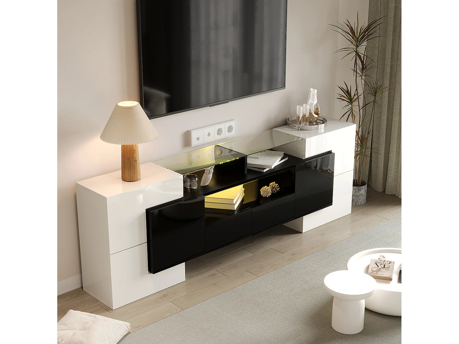 Meuble TV avec LED, design moderne, surface en verre brillante, MDF, noir et blanc (200x35x60cm)