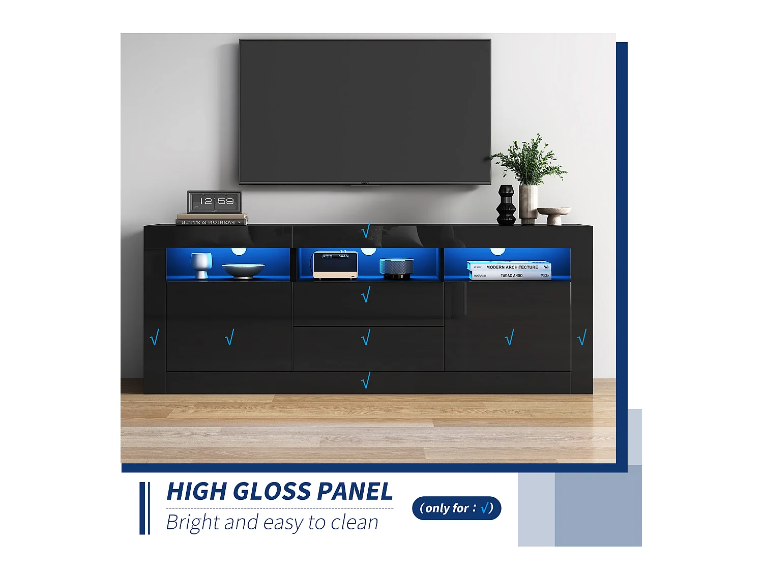 Meuble TV avec éclairage LED, 3 étagères ouvertes, 2 portes, 2 tiroirs, contrôle via application, pour TV jusqu'à 70 pouces (160x35x60 cm)