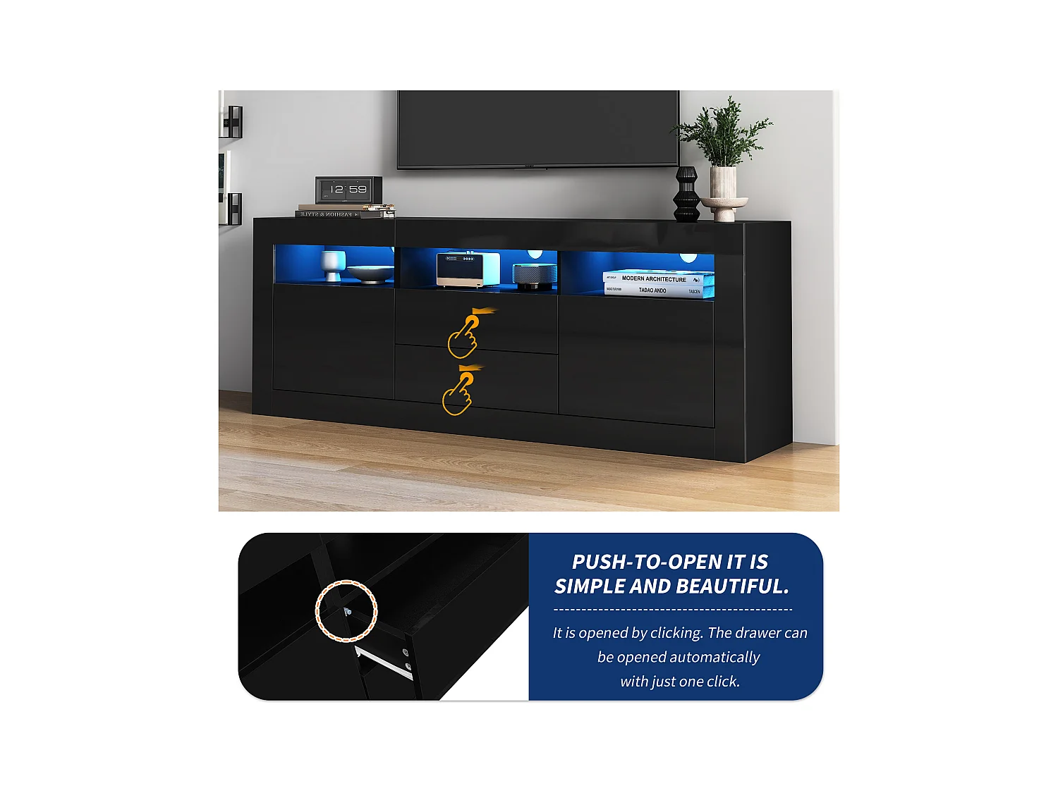 Meuble TV avec éclairage LED, 3 étagères ouvertes, 2 portes, 2 tiroirs, contrôle via application, pour TV jusqu'à 70 pouces (160x35x60 cm)