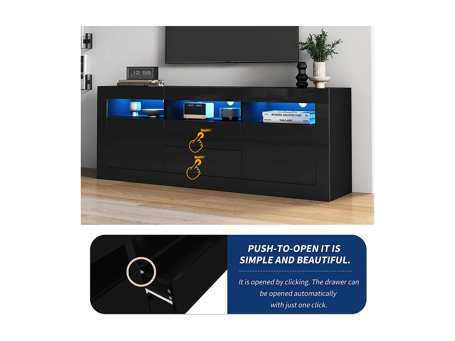 Meuble TV avec éclairage LED, 3 étagères ouvertes, 2 portes, 2 tiroirs, contrôle via application, pour TV jusqu'à 70 pouces (160x35x60 cm)