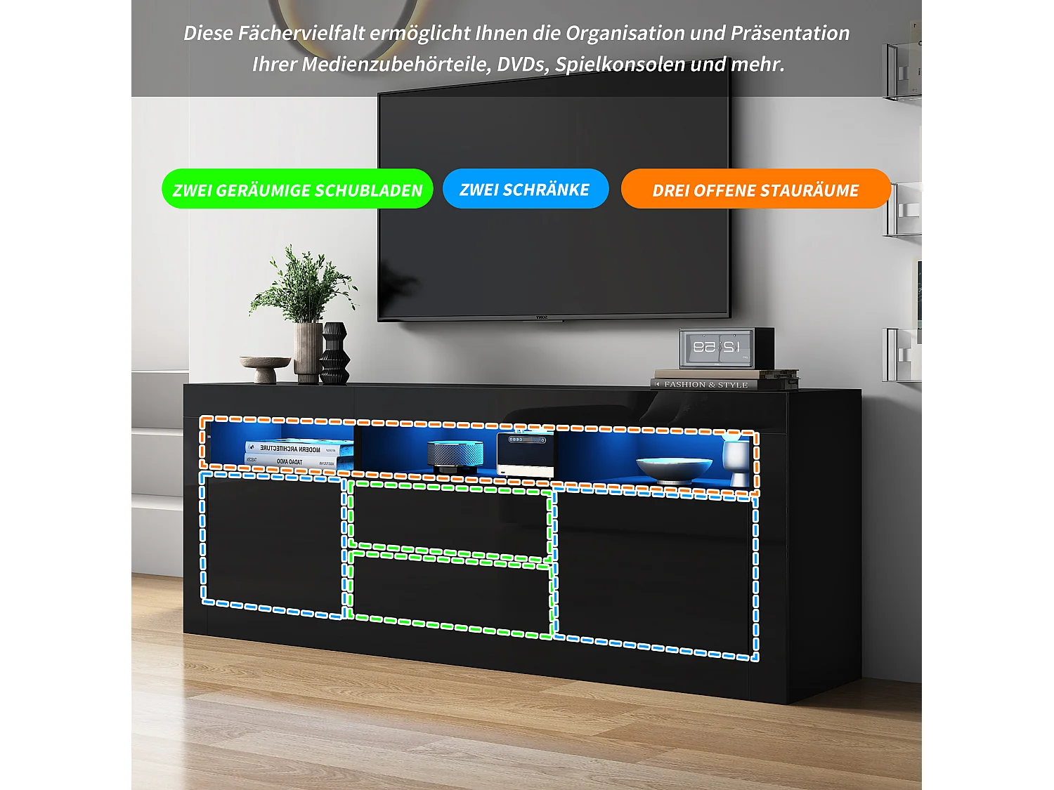 Meuble TV avec éclairage LED, 3 étagères ouvertes, 2 portes, 2 tiroirs, contrôle via application, pour TV jusqu'à 70 pouces (160x35x60 cm)