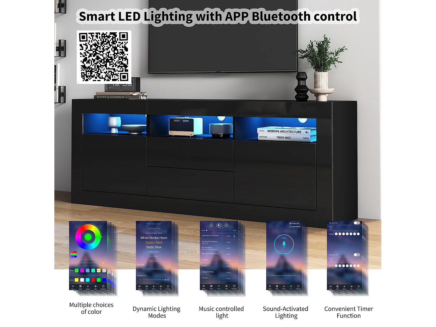 Meuble TV avec éclairage LED, 3 étagères ouvertes, 2 portes, 2 tiroirs, contrôle via application, pour TV jusqu'à 70 pouces (160x35x60 cm)