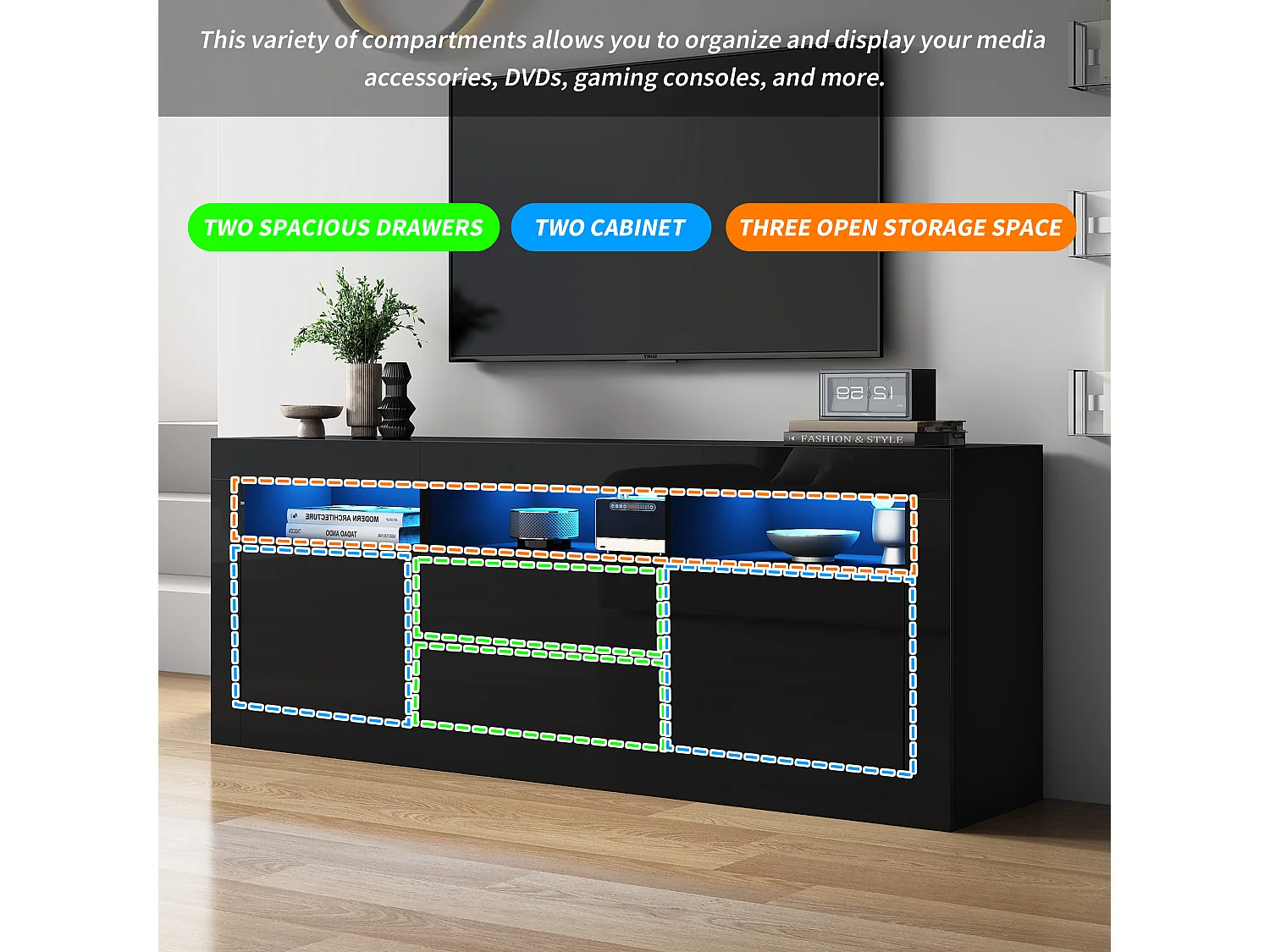 Meuble TV avec éclairage LED, 3 étagères ouvertes, 2 portes, 2 tiroirs, contrôle via application, pour TV jusqu'à 70 pouces (160x35x60 cm)