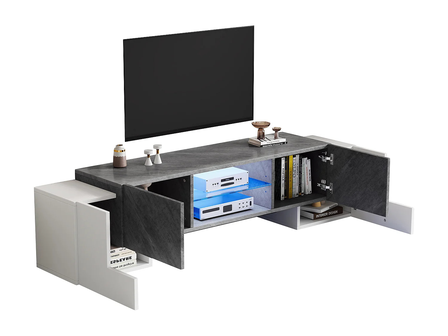 Meuble TV Moderne Blanc et Gris, 4 Compartiments, Verre et MDF (180x40x46.5cm)