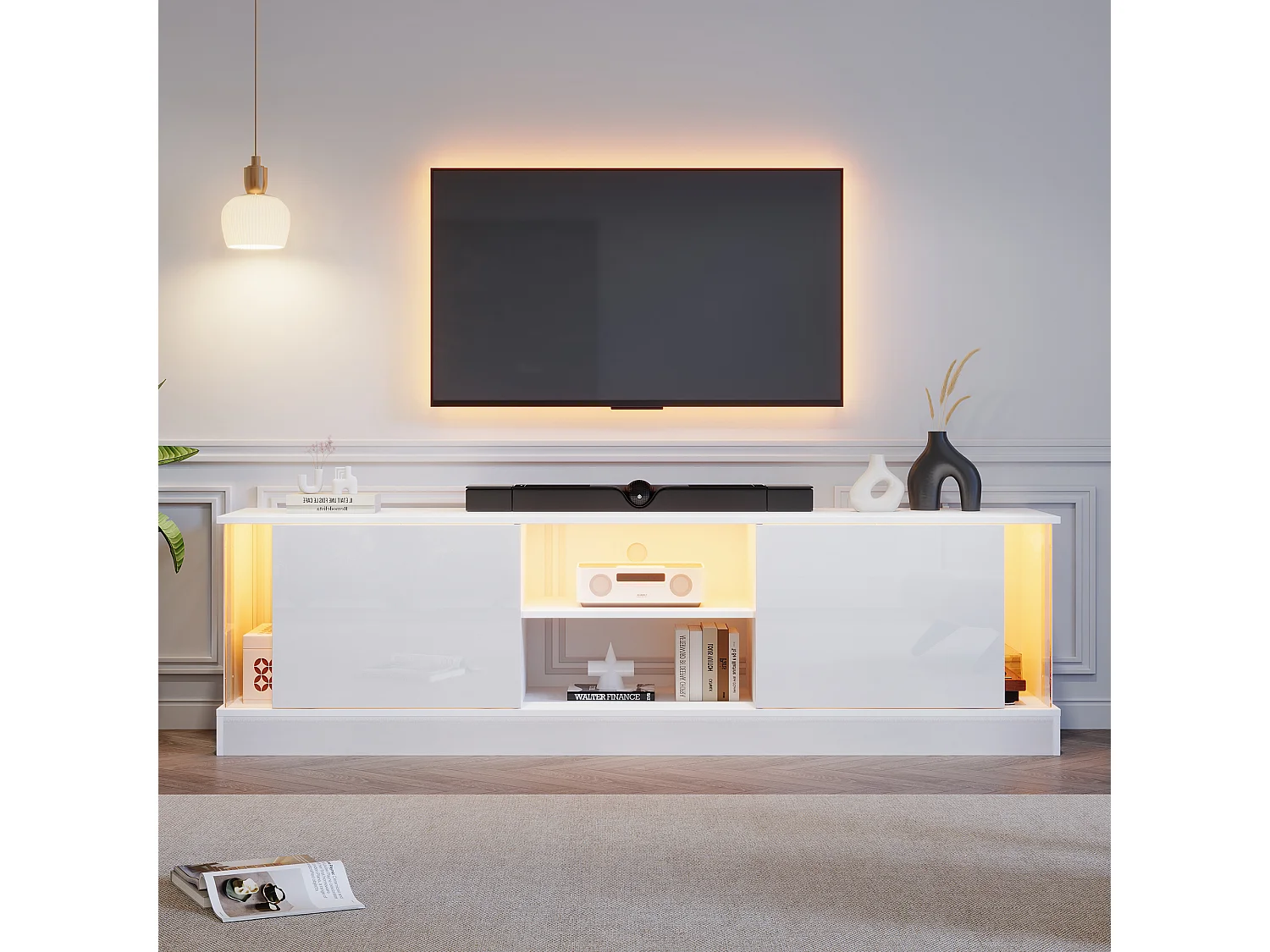 Meuble TV blanc laqué avec LED, pour téléviseurs jusqu'à 70 pouces, matériau en panneaux de particules, blanc (176x38x50cm)