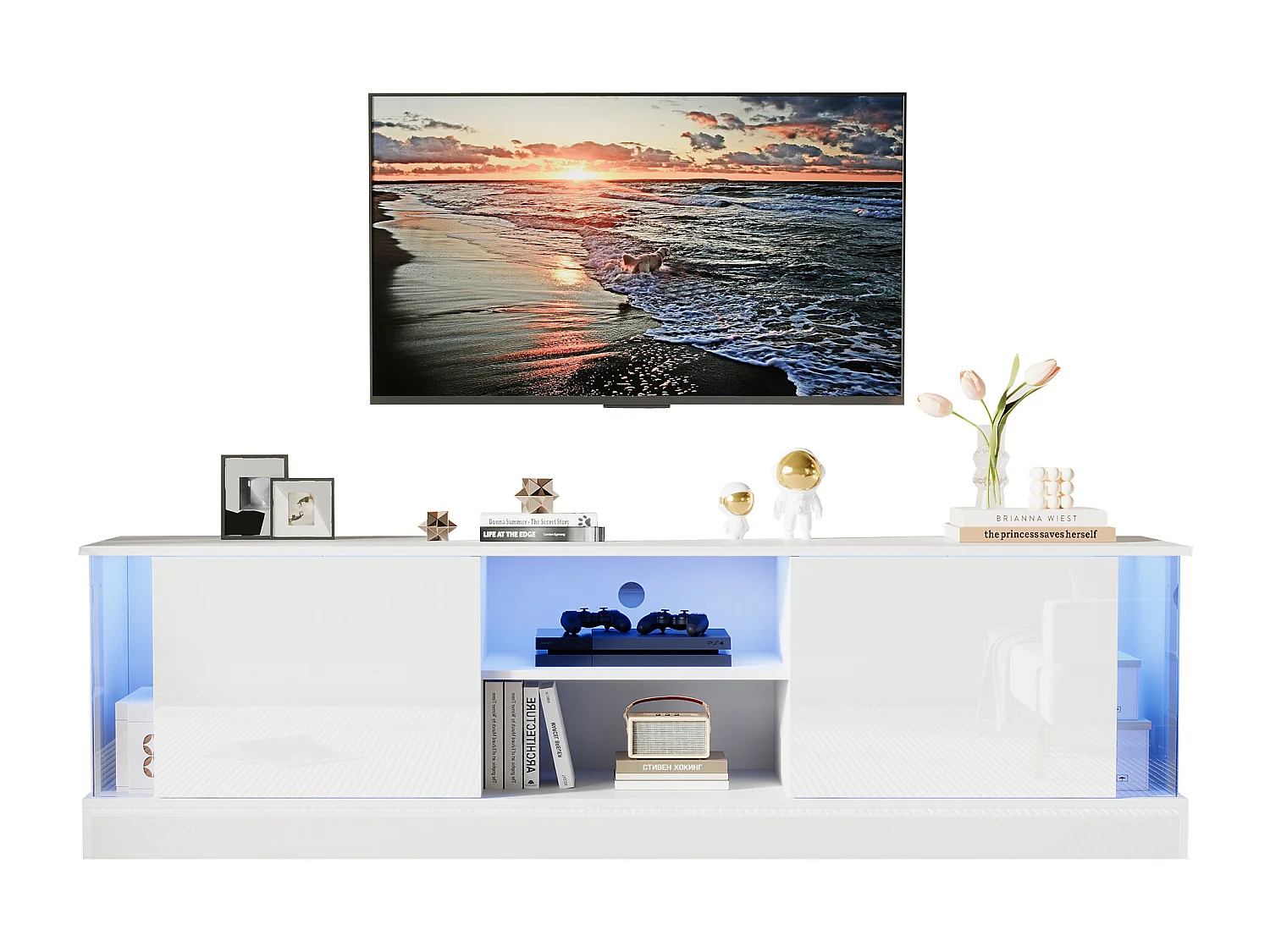 Meuble TV blanc laqué avec LED, pour téléviseurs jusqu'à 70 pouces, matériau en panneaux de particules, blanc (176x38x50cm)
