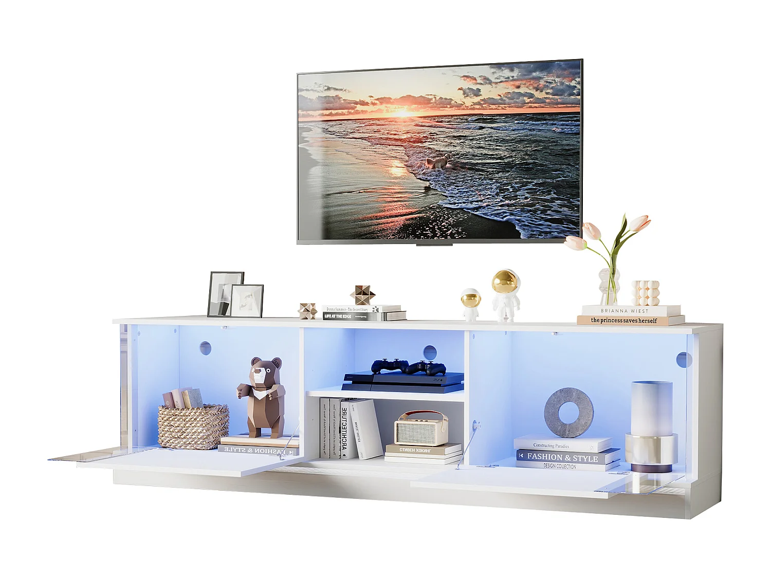 Meuble TV blanc laqué avec LED, pour téléviseurs jusqu'à 70 pouces, matériau en panneaux de particules, blanc (176x38x50cm)