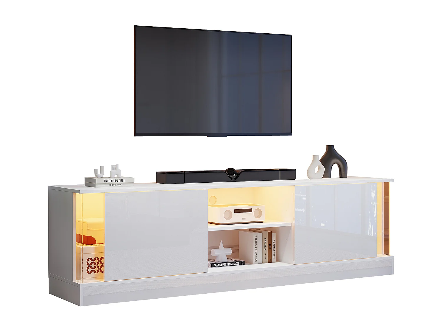 Meuble TV blanc laqué avec LED, pour téléviseurs jusqu'à 70 pouces, matériau en panneaux de particules, blanc (176x38x50cm)