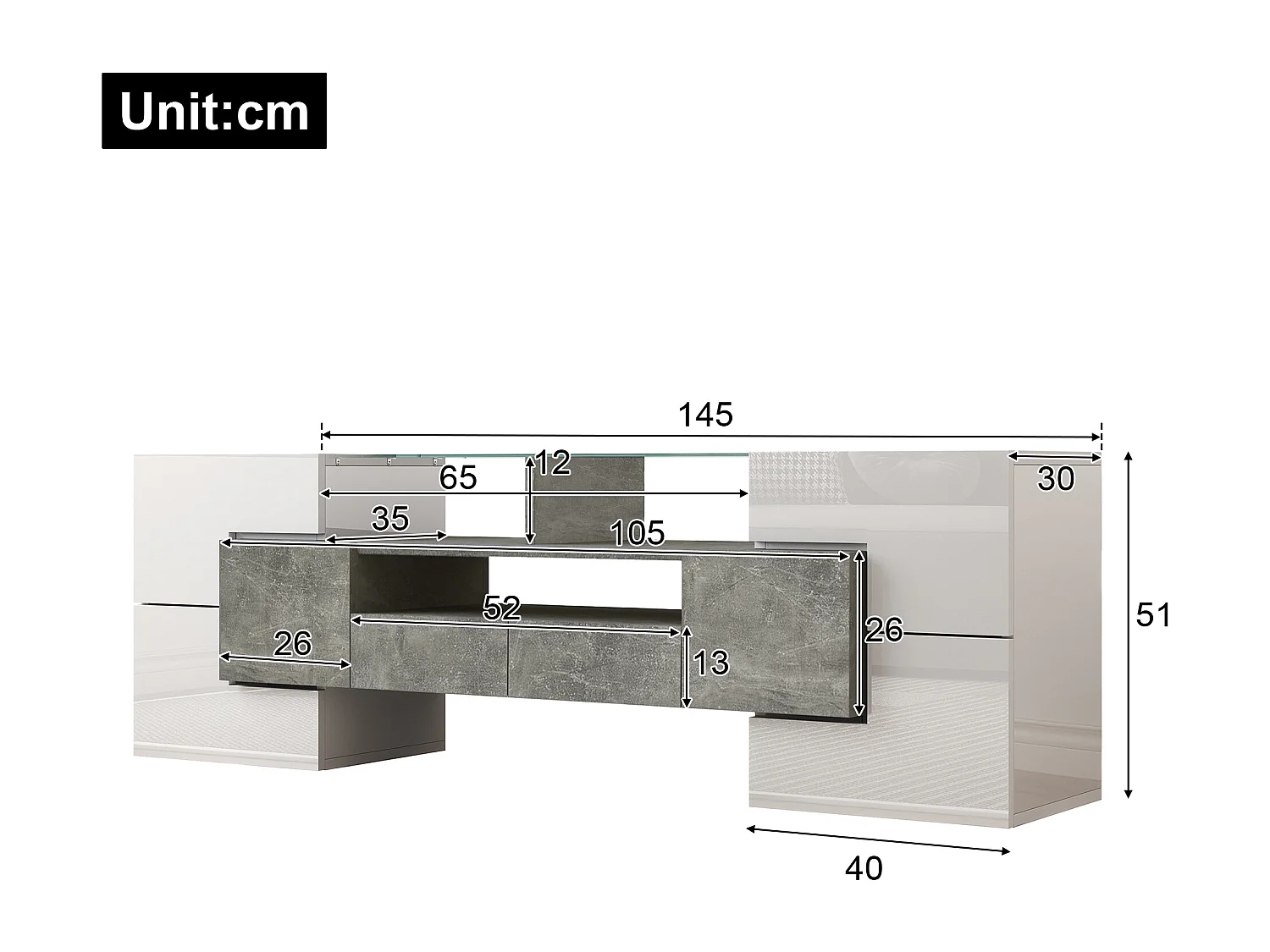 Mueble de TV con LED, diseño moderno, superficie lacada en blanco, hormigón, (145x30x51cm)
