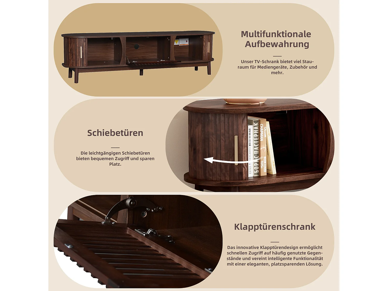 Meuble TV en bois marron avec portes coulissantes et porte rabattable, 3 compartiments, pour TV jusqu'à 65 pouces (165x39.5x46 cm)