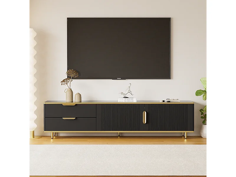 TV-meubel met gebeeldhouwde deuren, modern design, MDF, zwart en goud, met 2 lades en 2 compartimenten (175x40x45cm)