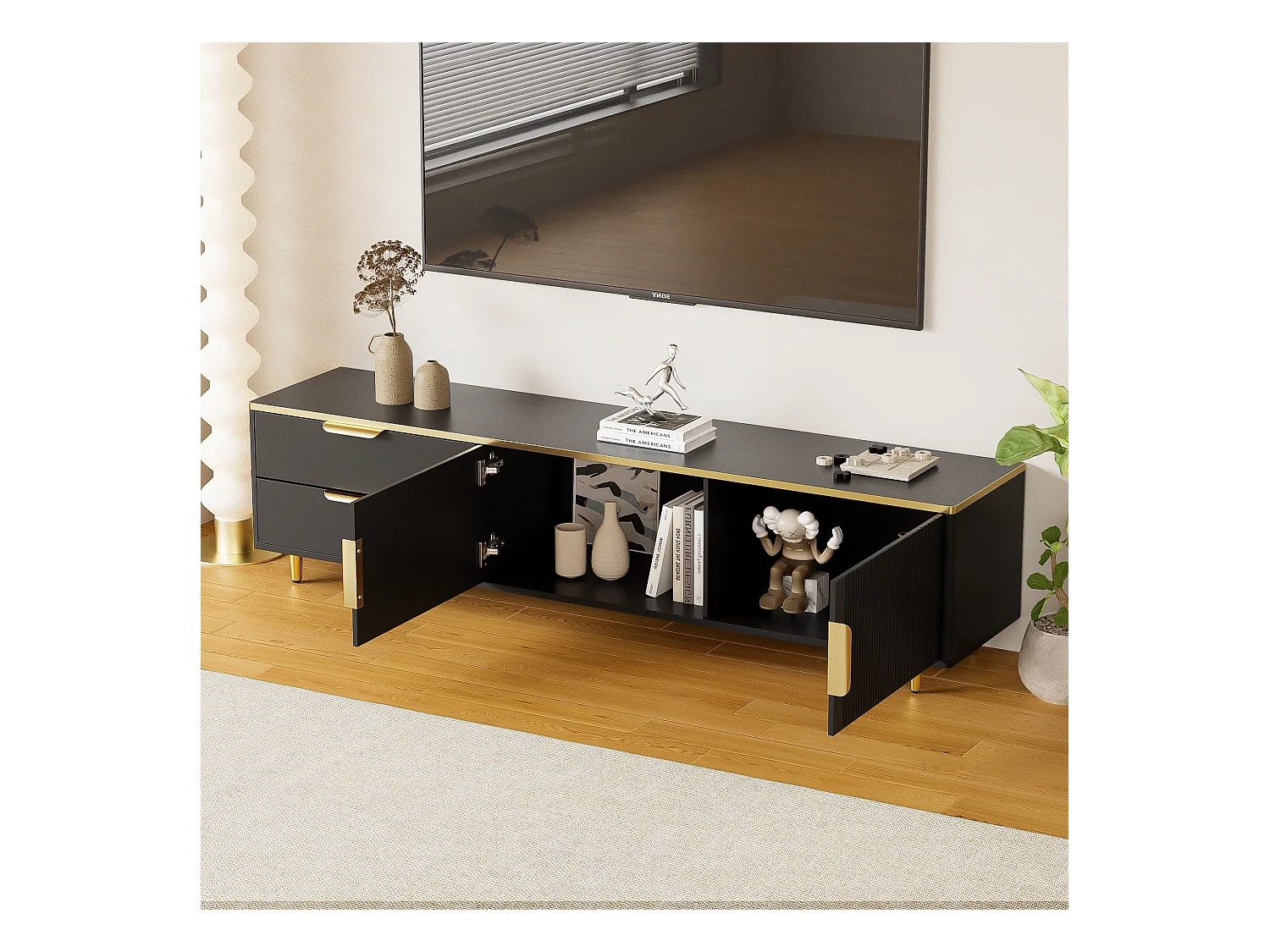 Meuble TV à portes sculptées, design moderne, MDF, noir et doré, avec 2 tiroirs et 2 compartiments (175x40x45cm)
