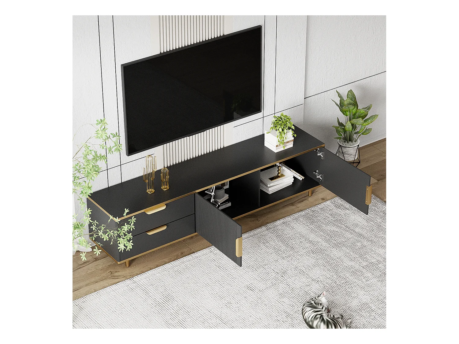 Meuble TV à portes sculptées, design moderne, MDF, noir et doré, avec 2 tiroirs et 2 compartiments (175x40x45cm)