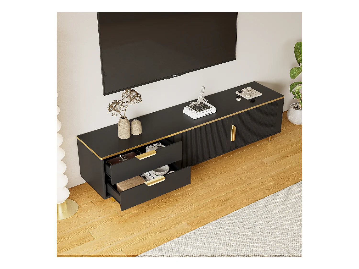 Meuble TV à portes sculptées, design moderne, MDF, noir et doré, avec 2 tiroirs et 2 compartiments (175x40x45cm)