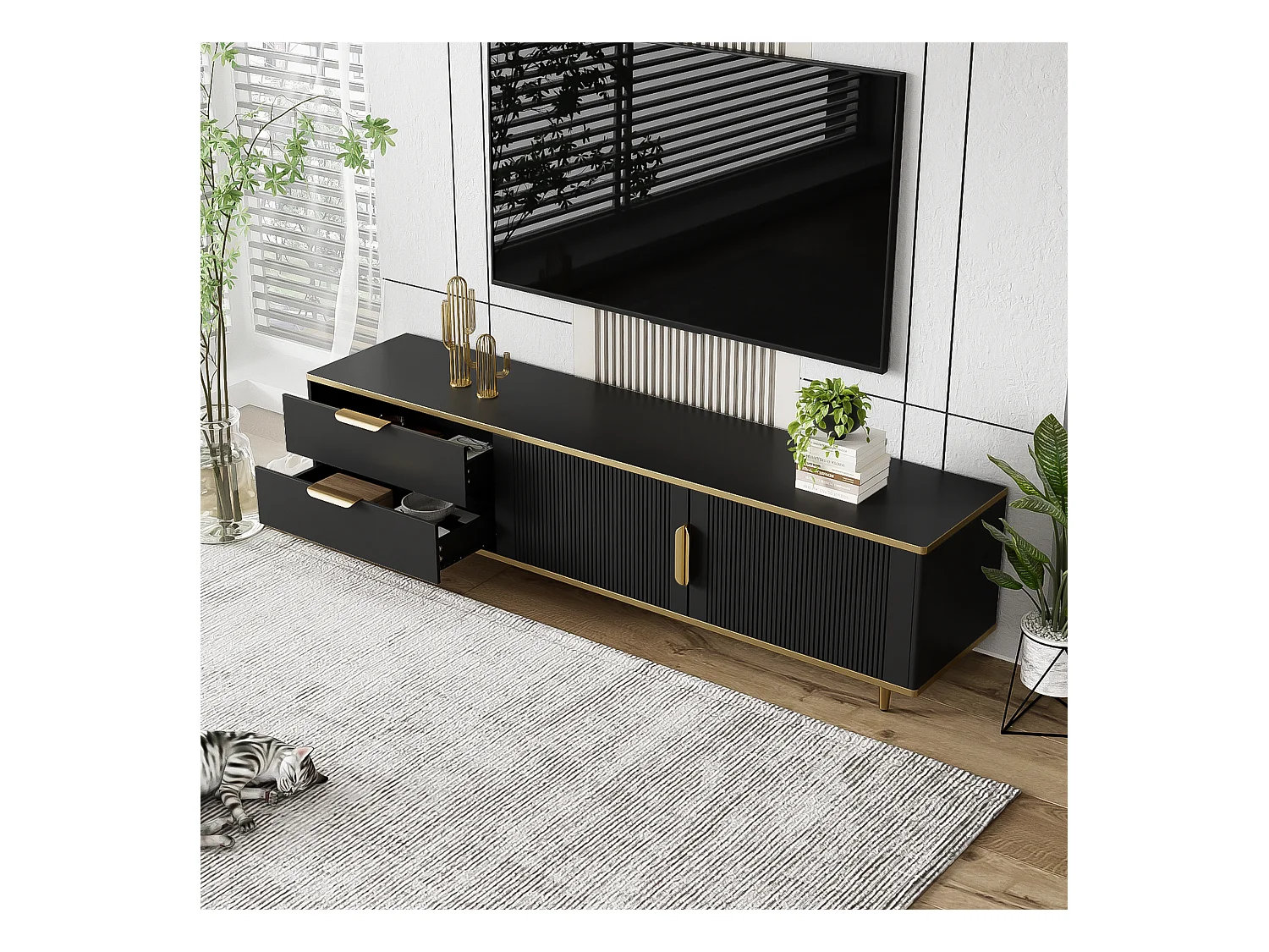 Meuble TV à portes sculptées, design moderne, MDF, noir et doré, avec 2 tiroirs et 2 compartiments (175x40x45cm)