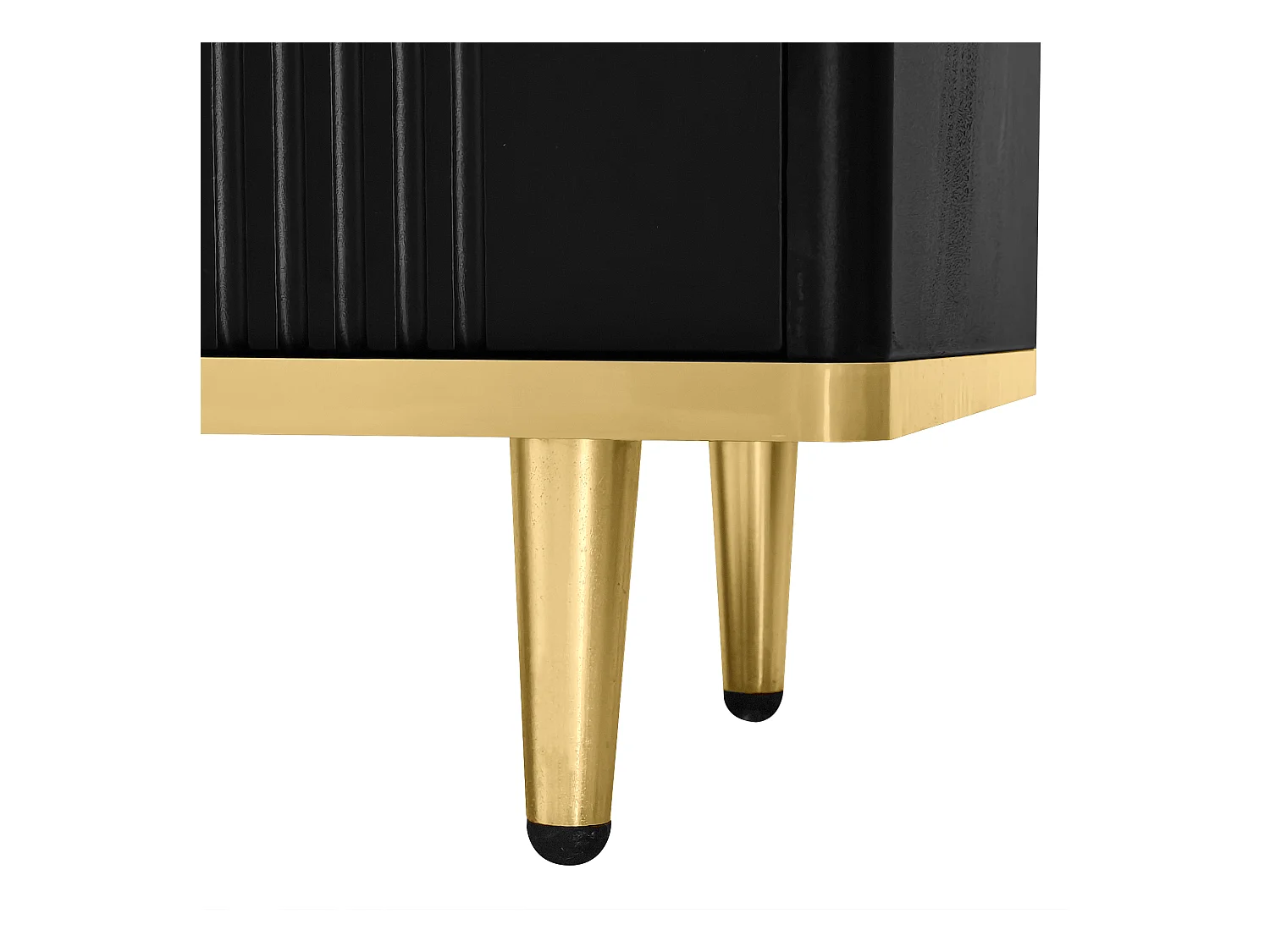 Meuble TV à portes sculptées, design moderne, MDF, noir et doré, avec 2 tiroirs et 2 compartiments (175x40x45cm)