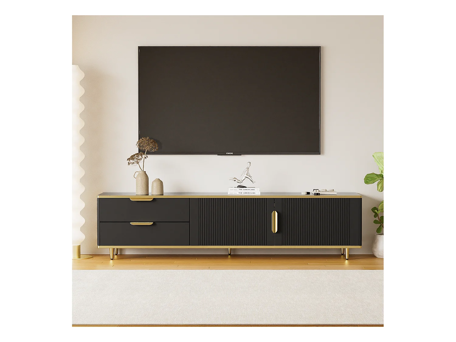Meuble TV à portes sculptées, design moderne, MDF, noir et doré, avec 2 tiroirs et 2 compartiments (175x40x45cm)