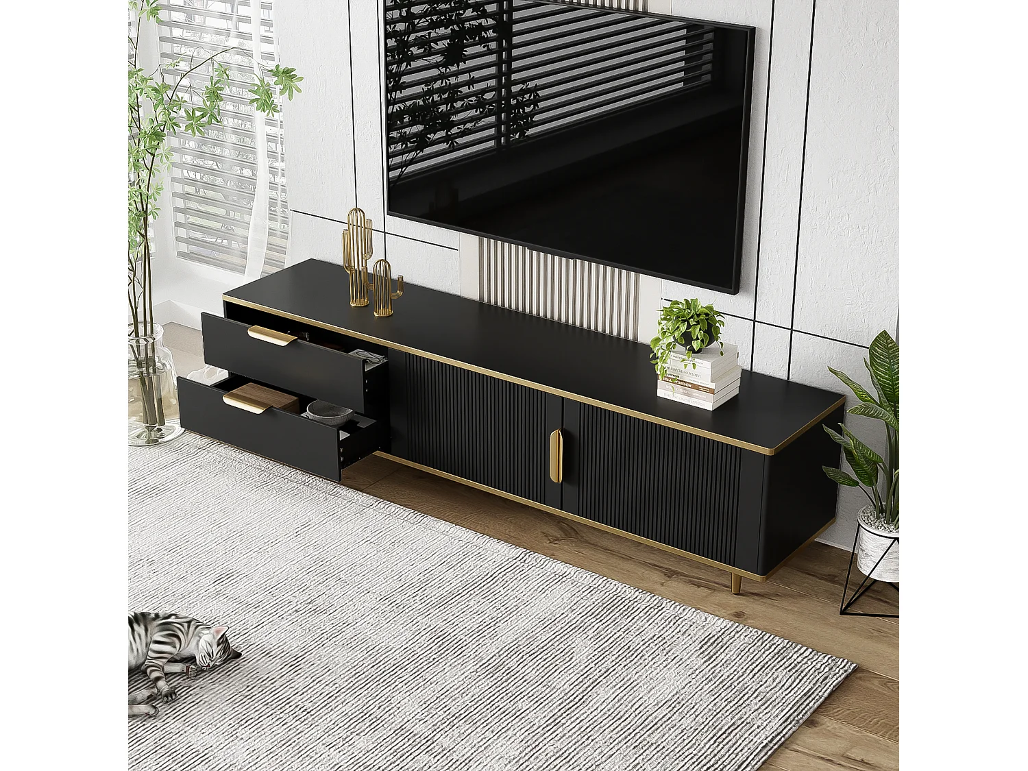 Meuble TV à portes sculptées, design moderne, MDF, noir et doré, avec 2 tiroirs et 2 compartiments (175x40x45cm)