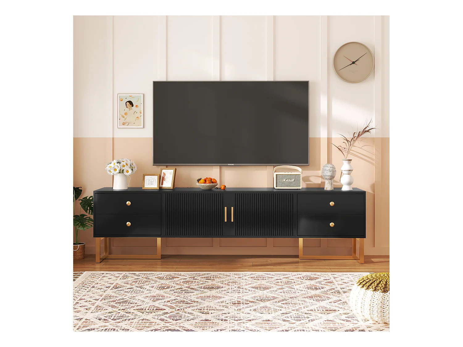 Meuble TV, design moderne, portes texturées, 1 tiroir, 3 portes, pieds dorés, MDF, noir (175x30x46cm)