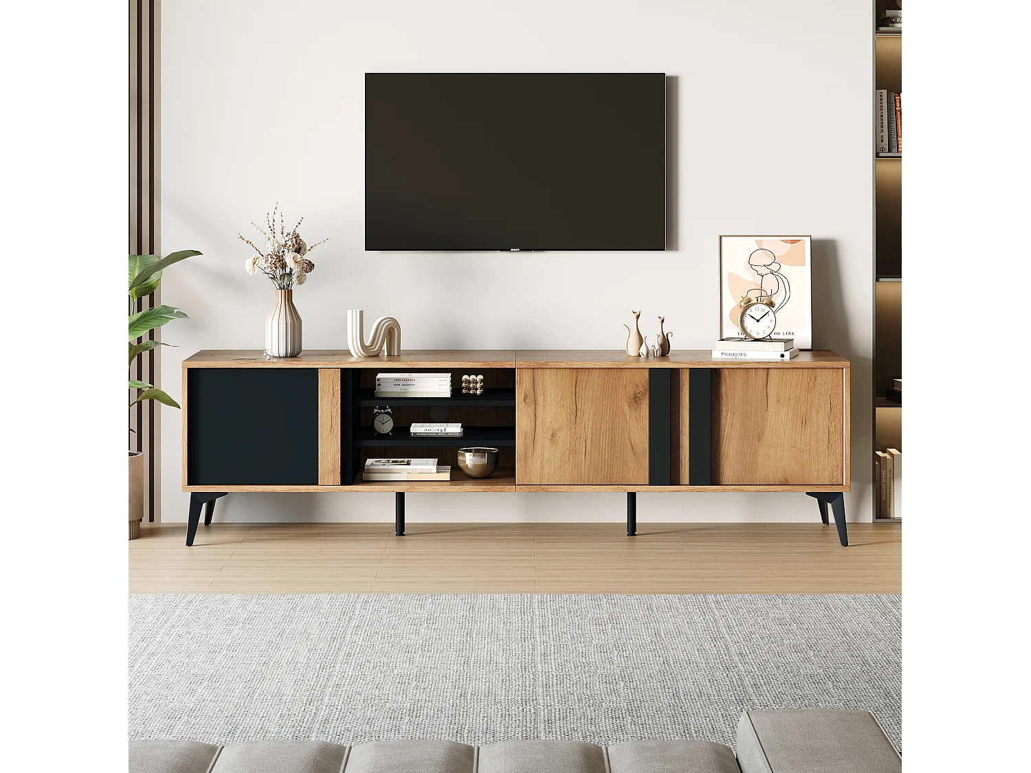 Meuble TV rustique avec rangement pour téléviseur jusqu'à 80 pouces, Lowboard, TV-Board, marron et noir (180x40x50cm)