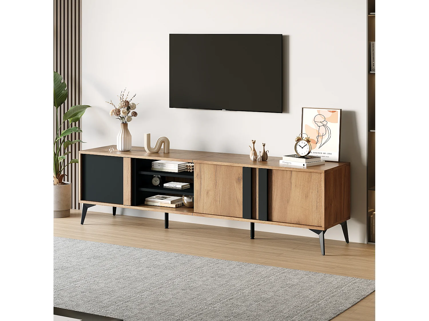 Meuble TV rustique avec rangement pour téléviseur jusqu'à 80 pouces, Lowboard, TV-Board, marron et noir (180x40x50cm)