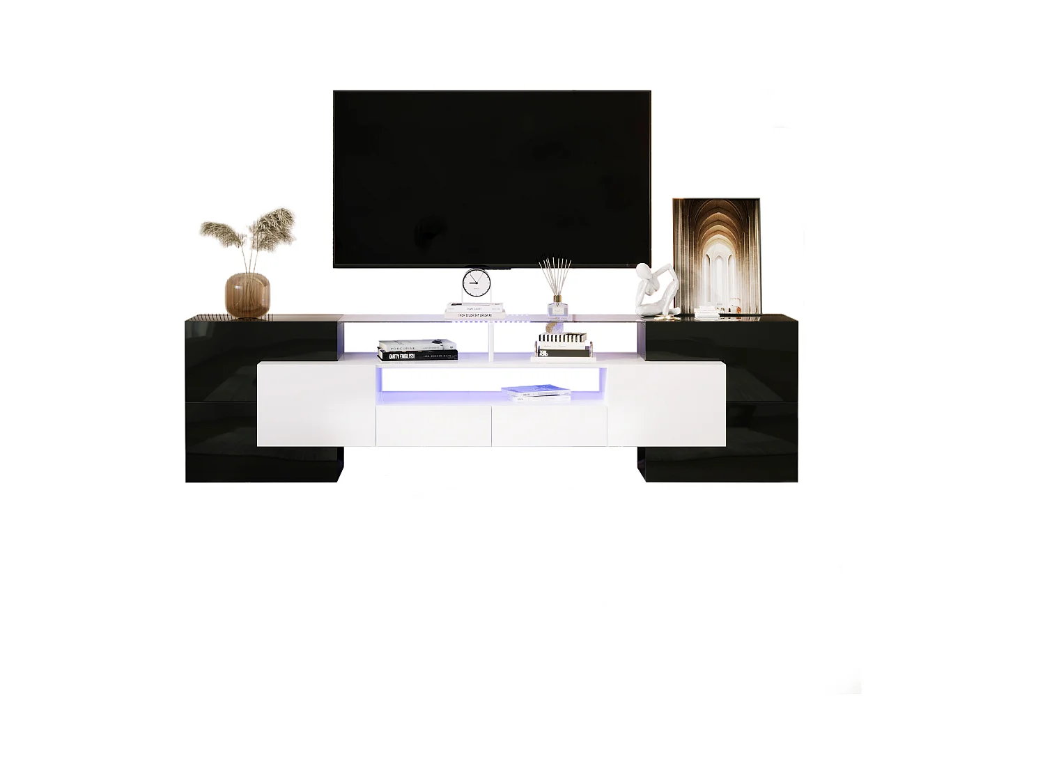 Meuble TV avec LED, design moderne, haute brillance, MDF, noir et blanc (200x35x60cm)