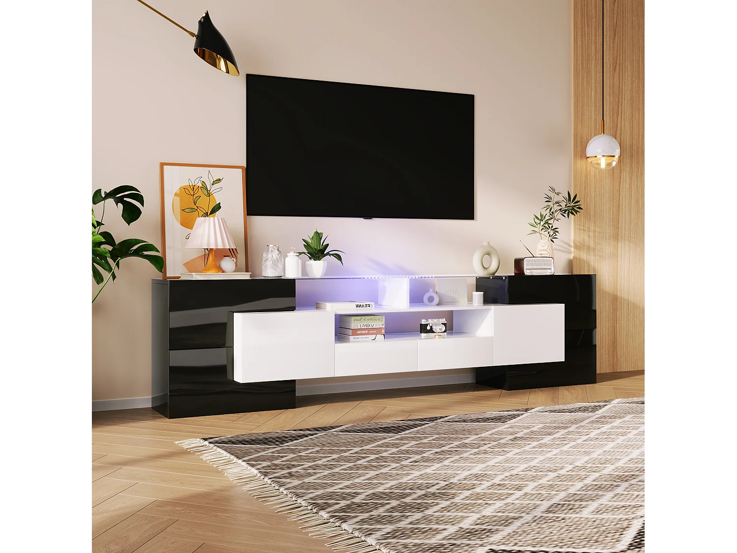 Meuble TV avec LED, design moderne, haute brillance, MDF, noir et blanc (200x35x60cm)