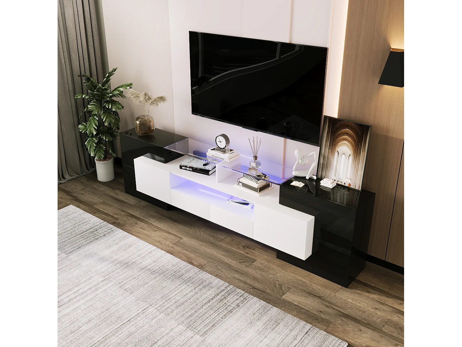 Meuble TV avec LED, design moderne, haute brillance, MDF, noir et blanc (200x35x60cm)