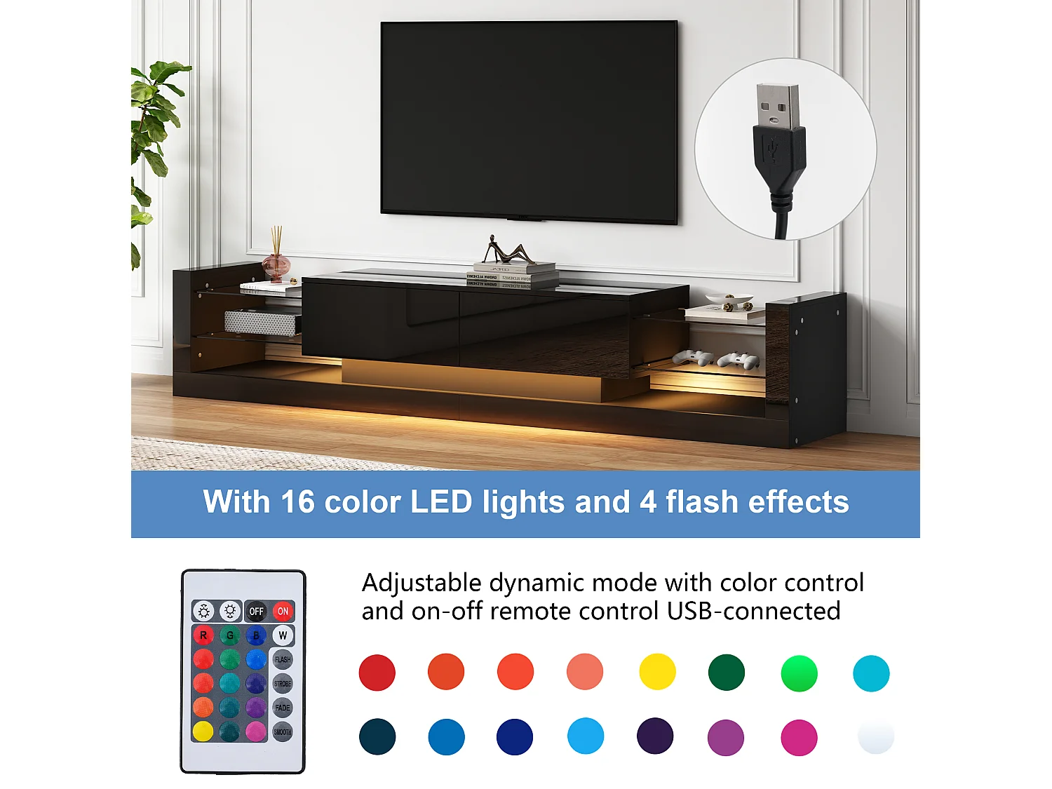 Meuble TV avec LED, Haut Brillant, 181cm, Pour TV jusqu’à 80 pouces, 2 tiroirs, Verre (181x38x38cm)