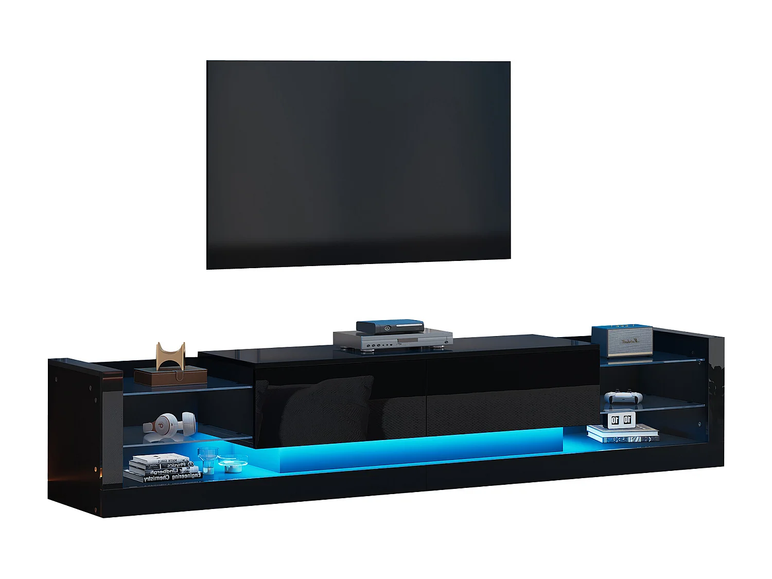 Meuble TV avec LED, Haut Brillant, 181cm, Pour TV jusqu’à 80 pouces, 2 tiroirs, Verre (181x38x38cm)