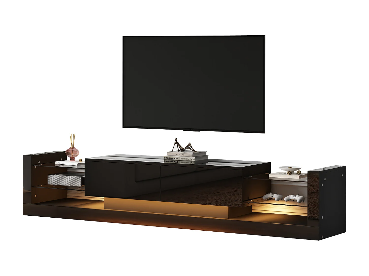Meuble TV avec LED, Haut Brillant, 181cm, Pour TV jusqu’à 80 pouces, 2 tiroirs, Verre (181x38x38cm)