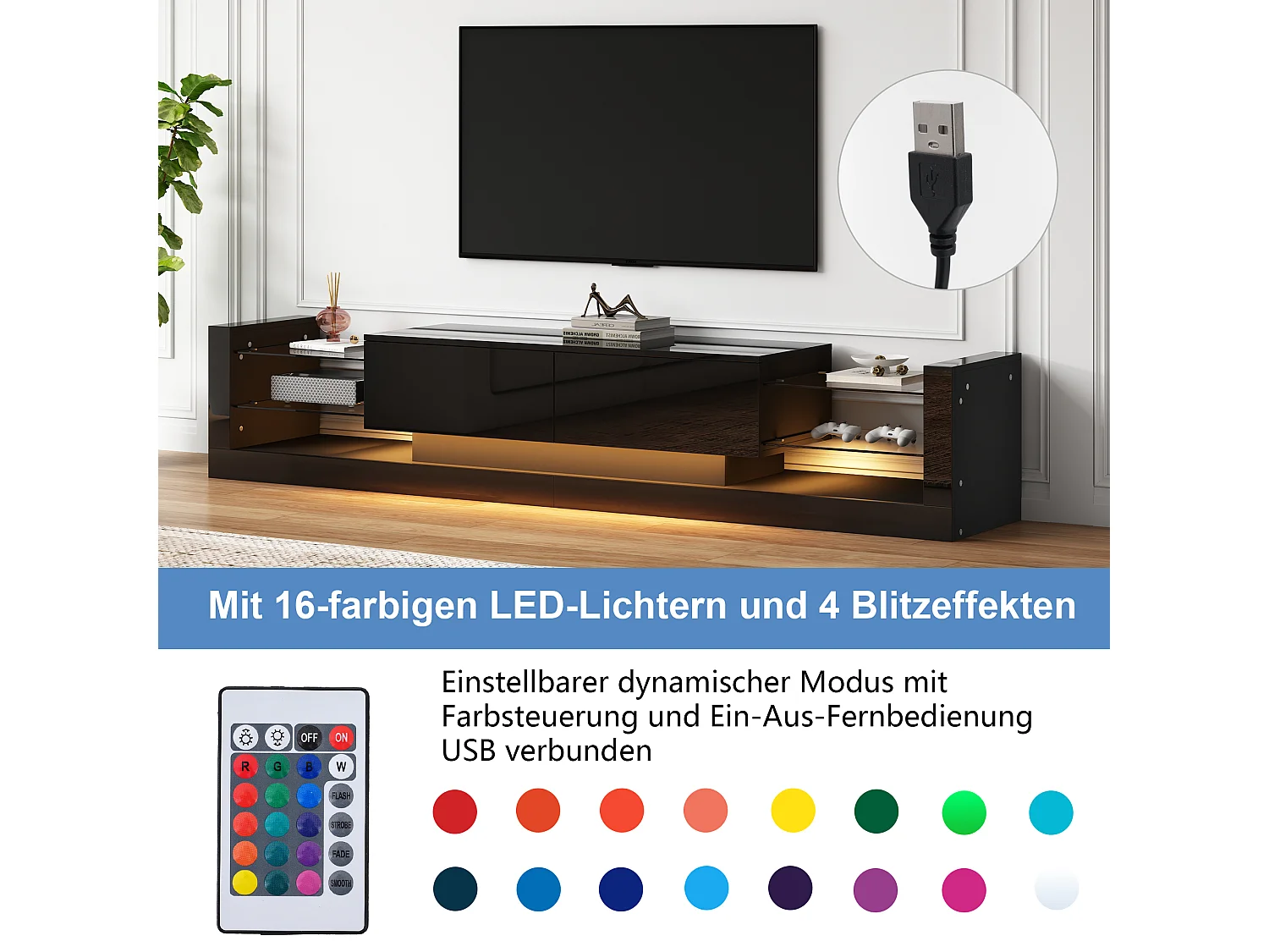 Meuble TV avec LED, Haut Brillant, 181cm, Pour TV jusqu’à 80 pouces, 2 tiroirs, Verre (181x38x38cm)