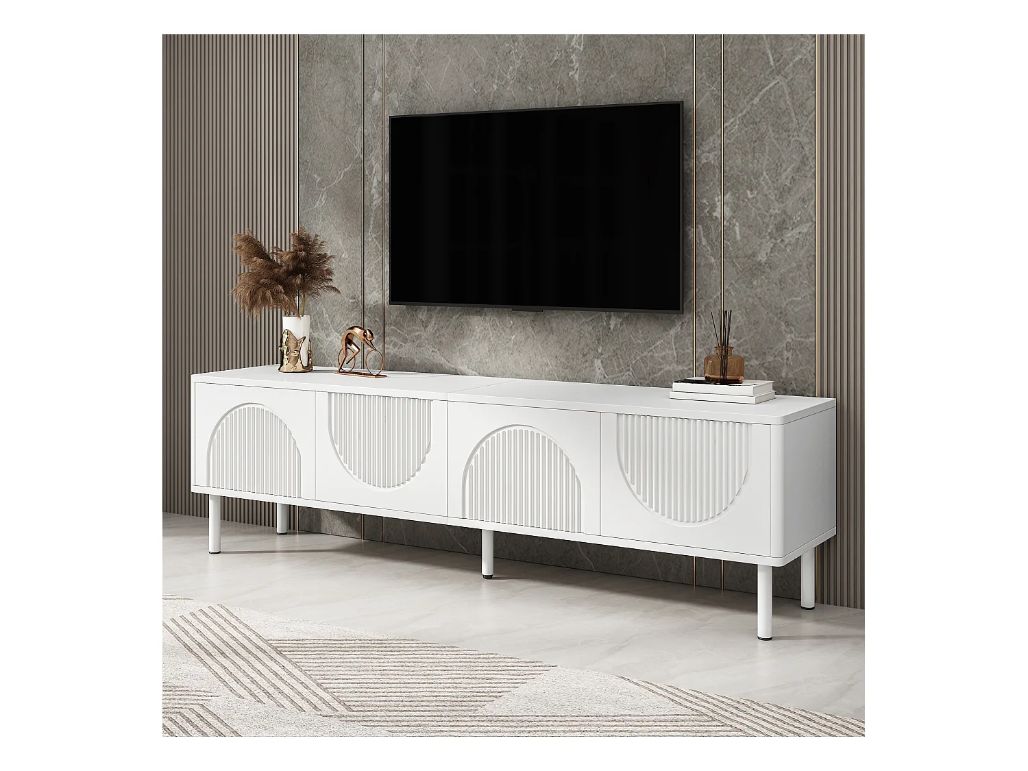 Meuble TV moderne 180cm avec rangement, finition mate, MDF, blanc, (180x40x52cm)