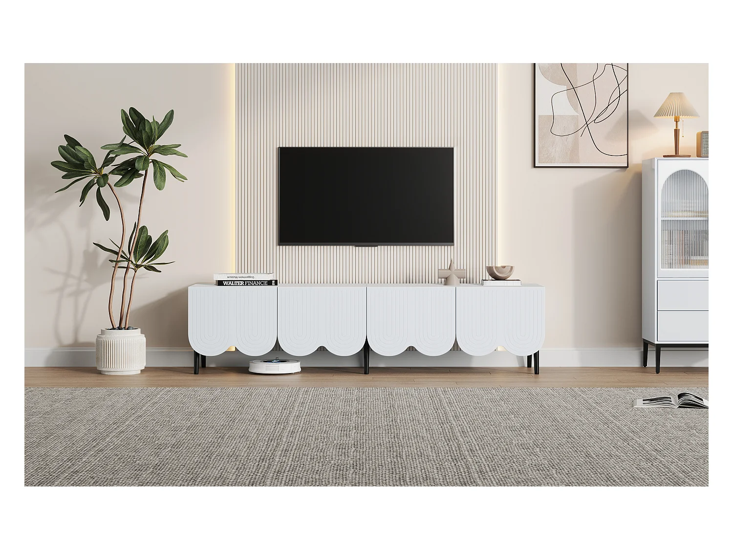 Meuble TV moderne blanc avec motifs uniques, 180x40x45.5cm, pour téléviseurs jusqu'à 80 pouces, avec 2 portes et gestion des câbles
