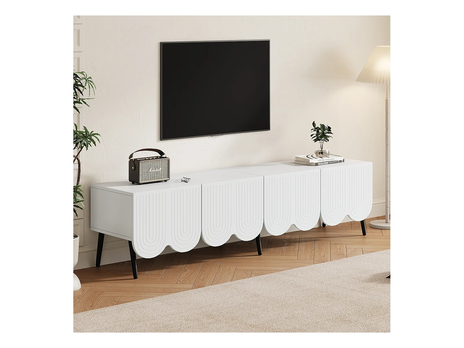 Meuble TV moderne blanc avec motifs uniques, 180x40x45.5cm, pour téléviseurs jusqu'à 80 pouces, avec 2 portes et gestion des câbles
