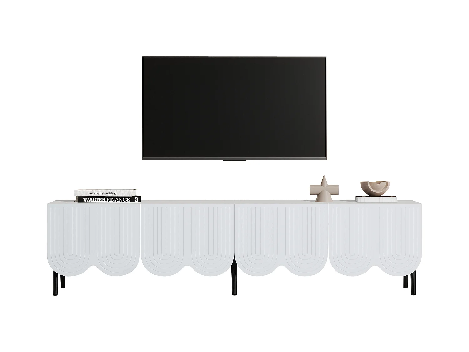 Meuble TV moderne blanc avec motifs uniques, 180x40x45.5cm, pour téléviseurs jusqu'à 80 pouces, avec 2 portes et gestion des câbles
