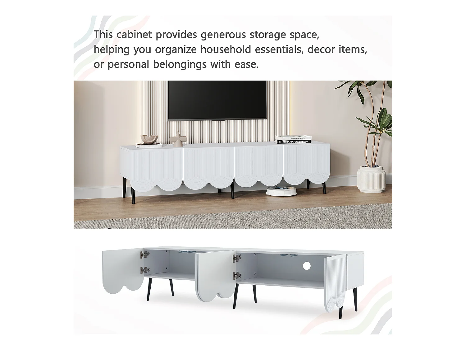 Meuble TV moderne blanc avec motifs uniques, 180x40x45.5cm, pour téléviseurs jusqu'à 80 pouces, avec 2 portes et gestion des câbles