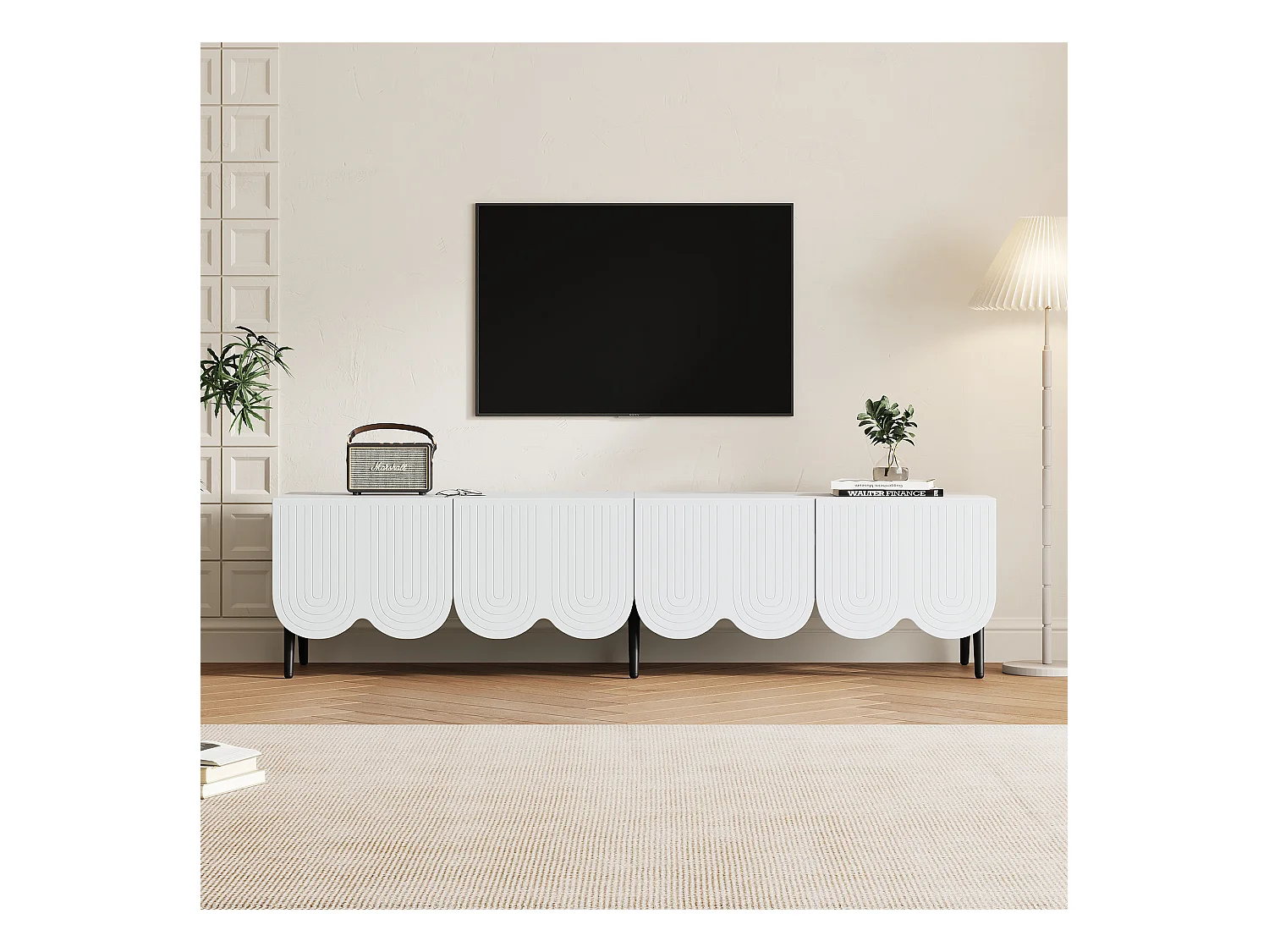 Meuble TV moderne blanc avec motifs uniques, 180x40x45.5cm, pour téléviseurs jusqu'à 80 pouces, avec 2 portes et gestion des câbles