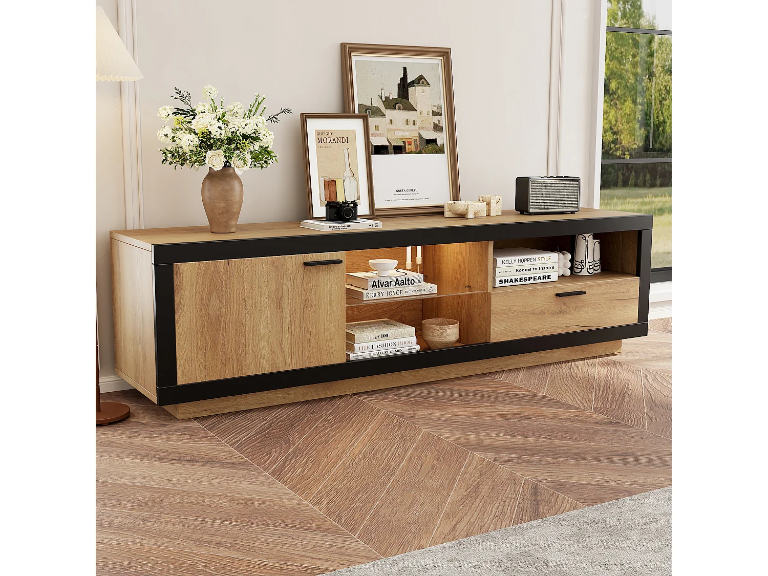 Meuble TV LED, Meuble bas TV moderne avec étagères en verre, meuble de rangement pour TV jusqu'à 70/65/55 pouces, noir et chêne (160x40x50cm)
