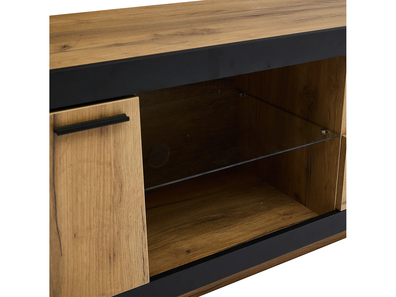Meuble TV LED, Meuble bas TV moderne avec étagères en verre, meuble de rangement pour TV jusqu'à 70/65/55 pouces, noir et chêne (160x40x50cm)