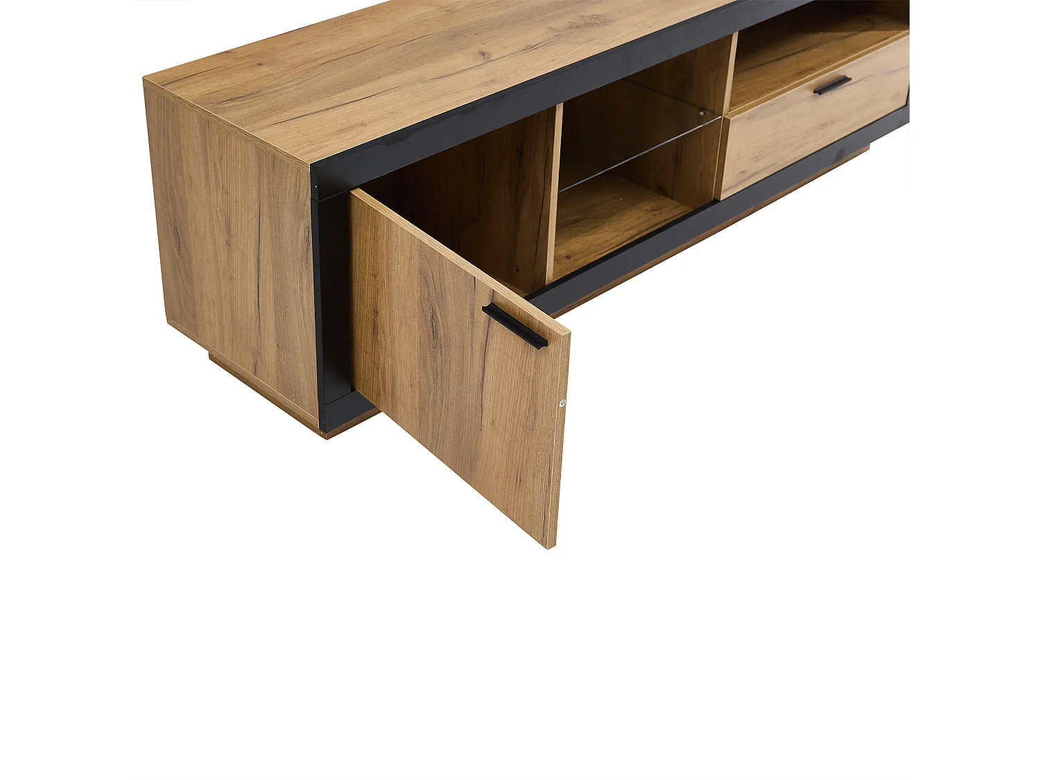 Meuble TV LED, Meuble bas TV moderne avec étagères en verre, meuble de rangement pour TV jusqu'à 70/65/55 pouces, noir et chêne (160x40x50cm)