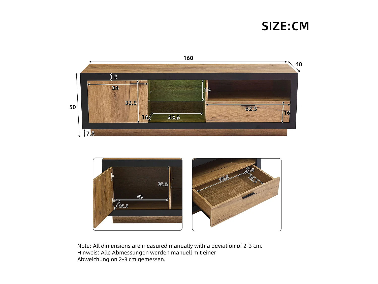 Meuble TV LED, Meuble bas TV moderne avec étagères en verre, meuble de rangement pour TV jusqu'à 70/65/55 pouces, noir et chêne (160x40x50cm)