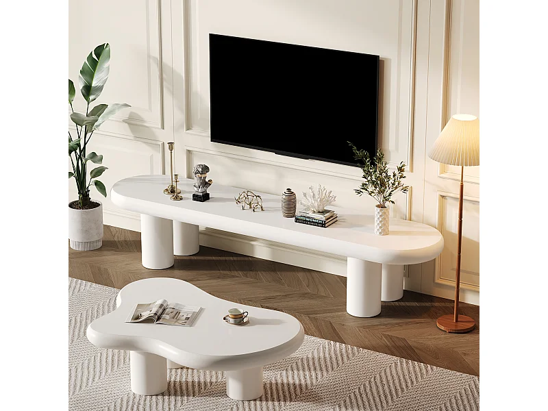 Ensemble TV Moderne Blanc et Nuage, 65 Pouces, Design Arrondi, MDF, Couleur Blanc et Gris (160x40x40cm)