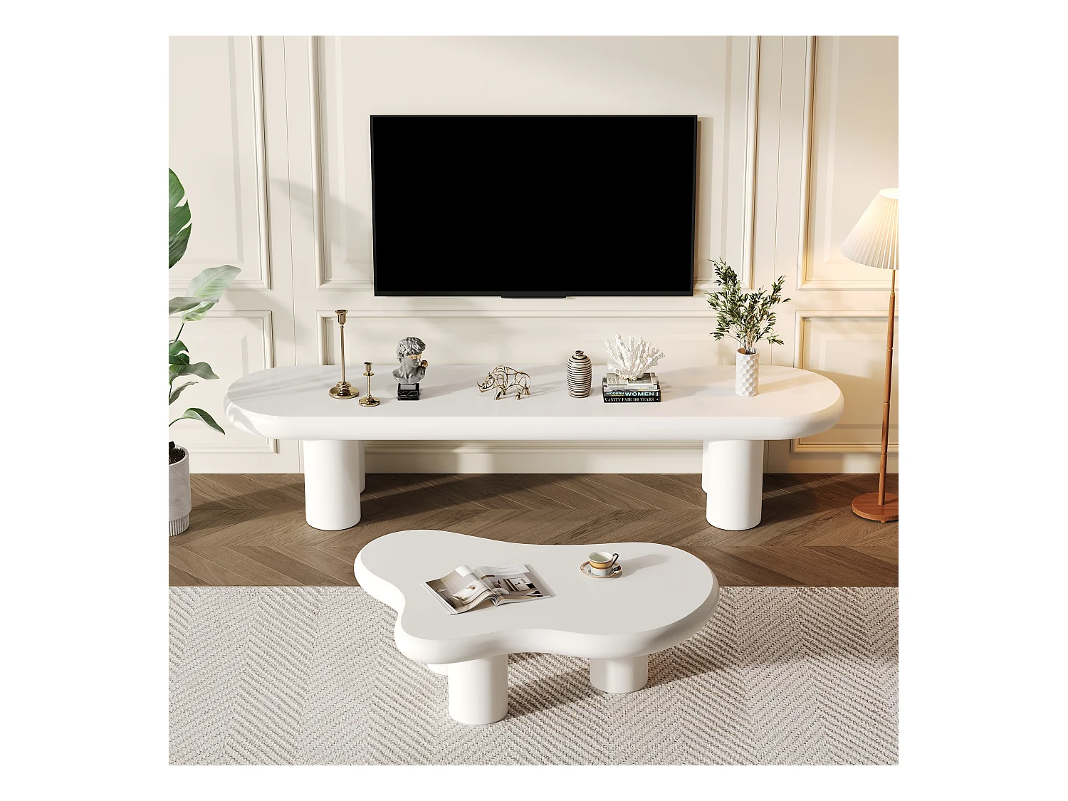 Moderne witte en wolkenkleurige tv-set, 65 inch, afgerond ontwerp, MDF, wit en grijs (160x40x40cm)