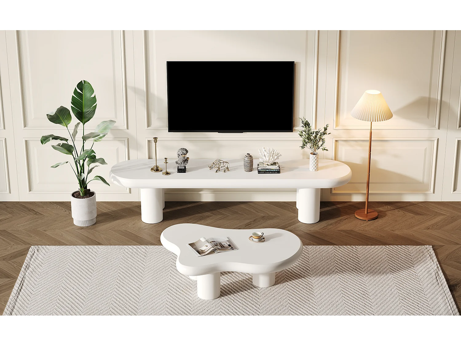 Moderne witte en wolkenkleurige tv-set, 65 inch, afgerond ontwerp, MDF, wit en grijs (160x40x40cm)
