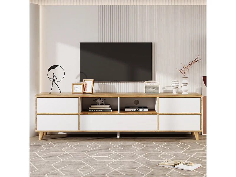 Mueble de TV con almacenaje, diseño natural, MDF, blanco y madera (175x37x51cm)